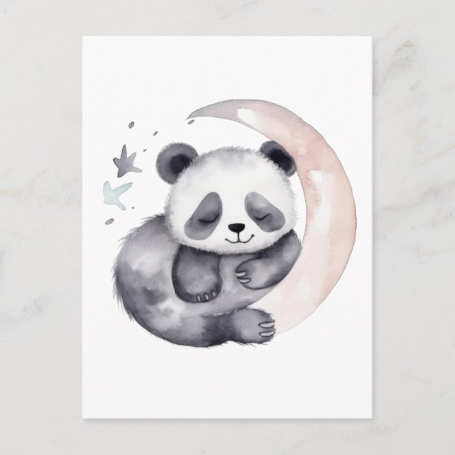 Postal Sleepy Watercolor Moon Baby Panda Bear (Anverso)