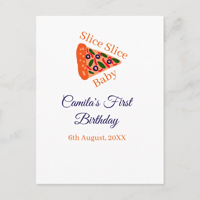 Postal Slice Slice pizza bebé azul 1 cumpleaños (Anverso)