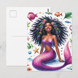 Postal Smiling Dark-Skinned Mermaid With Pink Tail