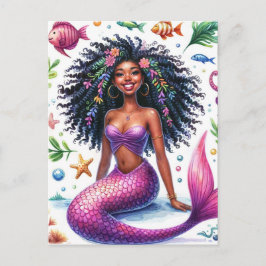Postal Smiling Dark-Skinned Mermaid With Pink Tail