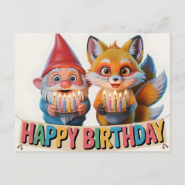 Postal Smiling Garden Gnome and Fox Cub Birthday 