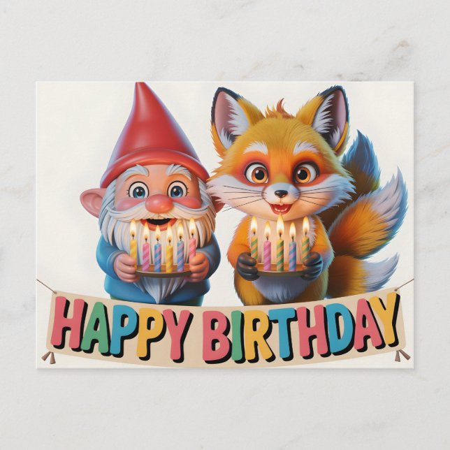 Postal Smiling Garden Gnome and Fox Cub Birthday  (Anverso)