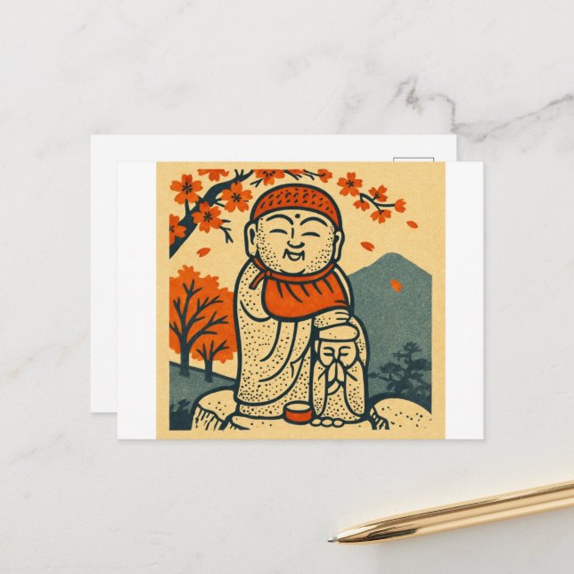 Postal Smiling Jizo Guardian  – Japanese Folk Art  (Anverso/Reverso In Situ)