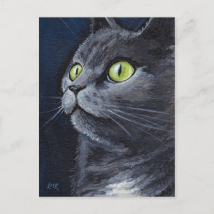 Postal Smokey   Retrato Gato Gris Gris Azul Ojo Verde