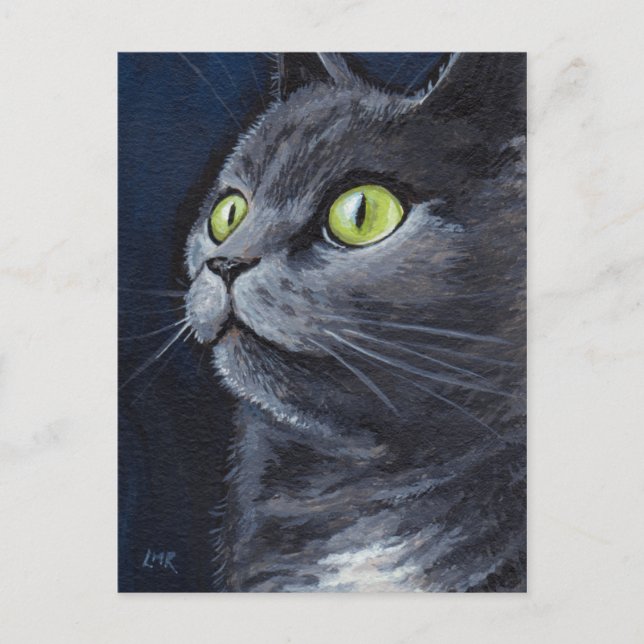 Postal Smokey | Retrato Gato Gris Gris Azul Ojo Verde (Anverso)