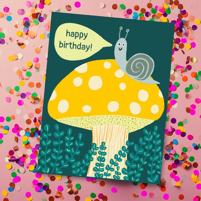 Postal Snail caprichoso sobre el día mágico del PERSONALI (Whimsical Snail on Magical Mushroom CUSTOM Bday Cute Postcard
)