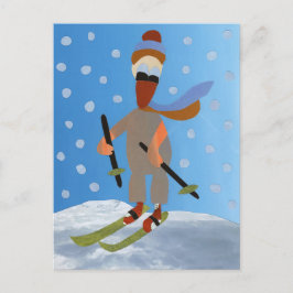 Postal Sneeuw wit eend op skies winter vakantie