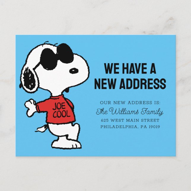 Postal Snoopy "Joe Cool" | Tenemos una nueva dirección (Anverso)