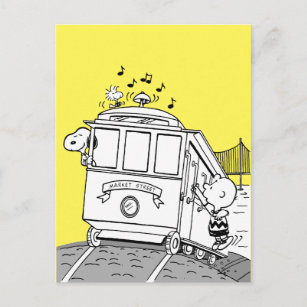 Postal Snoopy, Woodstock y Charlie Brown en un tranvía