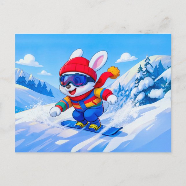 Postal Snow Hare Snowboarding on a Winter Mountain (Anverso)