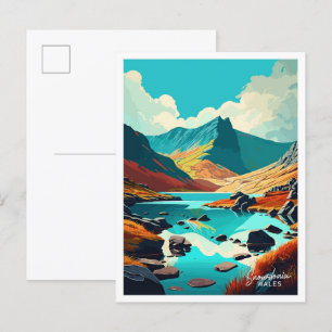 Postal Snowdonia Wales Viaje de arte ilustracion de época
