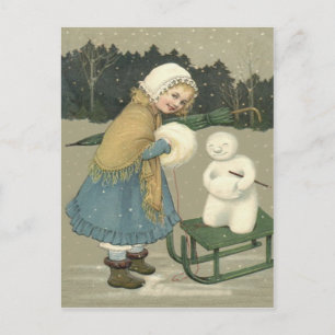 Postal Snowman, Chica sonriente Sleigh Snow Woods