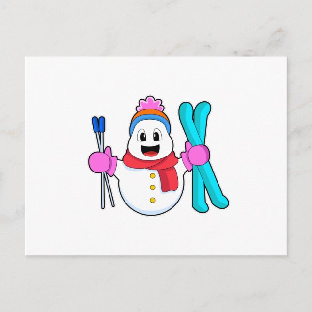 Postal Snowman como esquiador con esquí (Anverso)