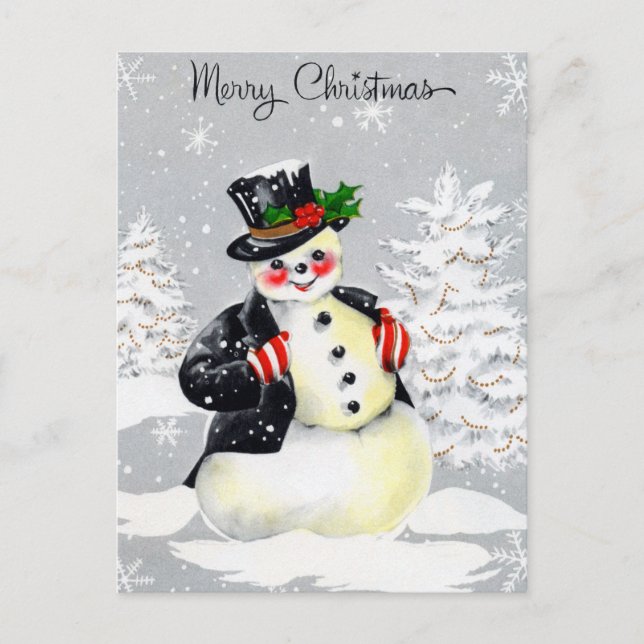 Postal Snowman con queso Rosy con sombrero de punta y Mit (Anverso)