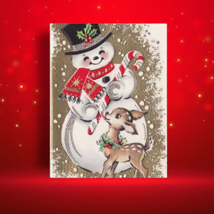 Postal Snowman de la época de los 50 con bebe venado