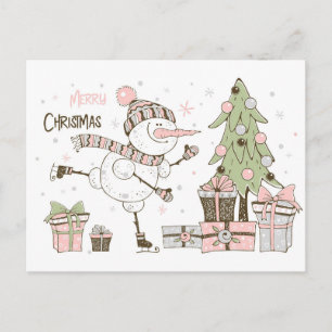 Postal Snowman esquiando con el árbol de Navidad y los re