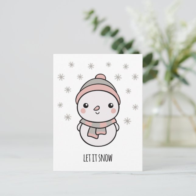 Postal Snowman kawaii dejó nevar (Anverso de pie)