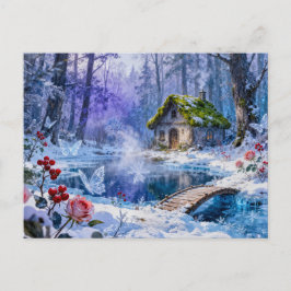 Postal Snowy Enchanted Forest Cottage with Bridge and Glo
