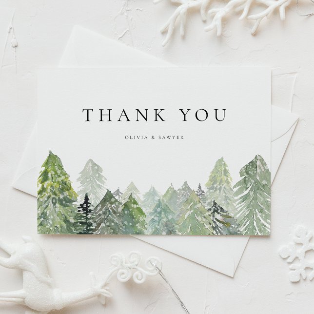 Postal Snowy Evergreen Forest Winter Wedding Gracias (Wedding thank you postcard with snowy watercolor pine forest, perfect for winter and rustic events.)