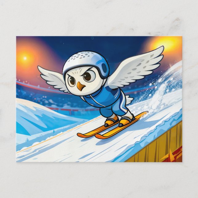 Postal Snowy Owl Ski Jumping from a Winter Ski Ramp (Anverso)