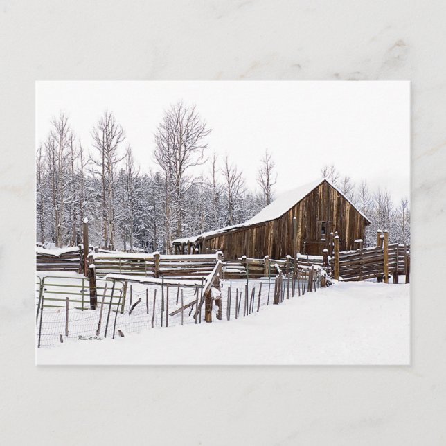 Postal Snowy Rural Barn Scene Foto Pensando En Ti (Anverso)