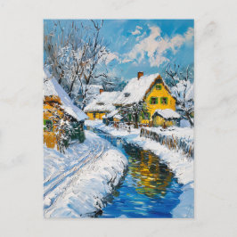 Postal Snowy Village with Stream and Trees Fantasy Painti