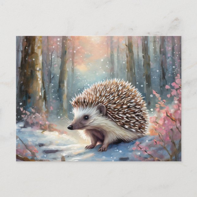 Postal Snowy Winter Hedgehog Arte Moderno (Anverso)