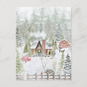 Postal Snowy Winter Navidades Cabin Scene