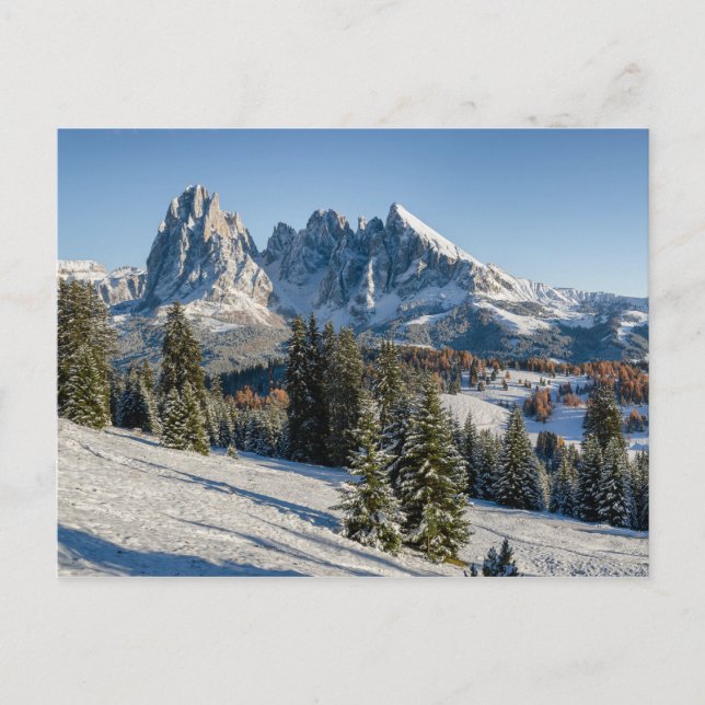 Postal sobre el paisaje invernal de Alpe di Siusi (Anverso)