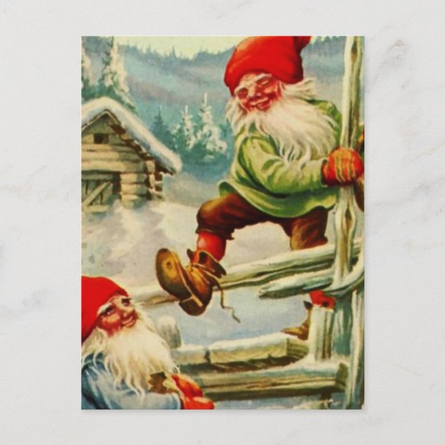 Postal “Sobre la cerca de madera” Gnomos de Jenny Nystrom (Anverso)