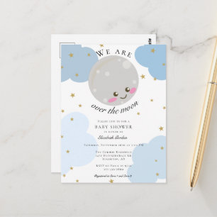 Postal Sobre la Luna Baby Shower Azul Kawaii