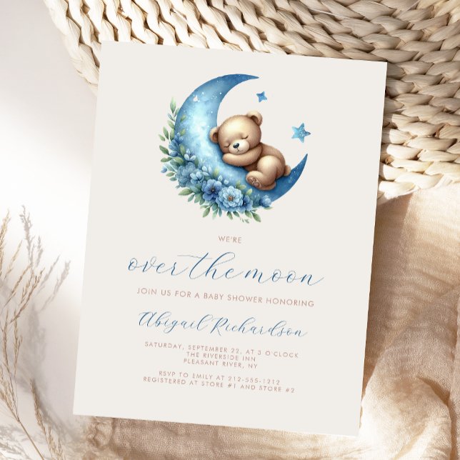 Postal Sobre la luna Teddy Bear Blue Boy Baby Shower (Subido por el creador)