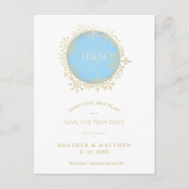 Postal Sofisticado Boda de copo de nieve Blue Gold Winter