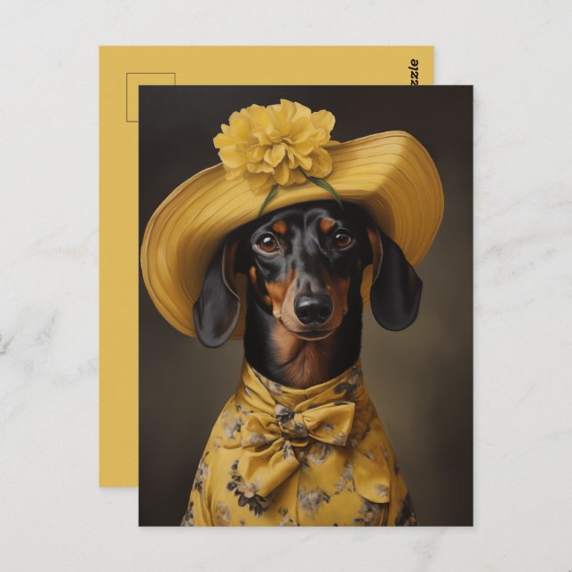 Postal Sofisticado Dachshund en amarillo (Anverso / Reverso)