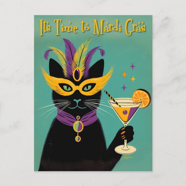 Postal Sofisticados Retro Es hora del Martini de Mardi Gr (Anverso)