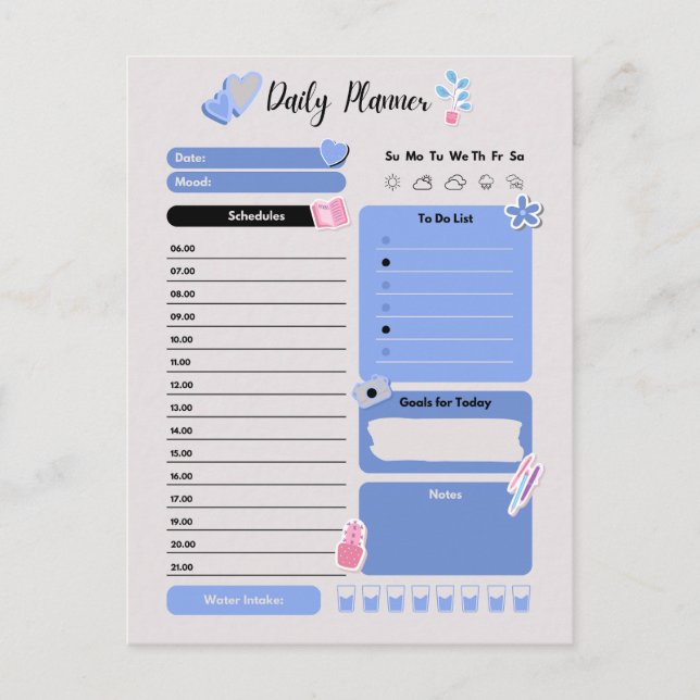 Postal Soft Blue Daily Planner with Mood & Water Track (Anverso)