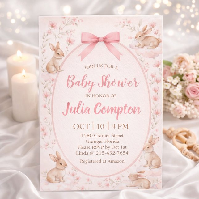 Postal Soft Floral Bunny Baby Shower Invitation  (Subido por el creador)
