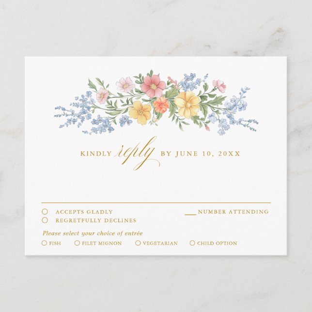 Postal Soft Pastel Ornate Spring Garden Floral gold RSVP (Anverso)
