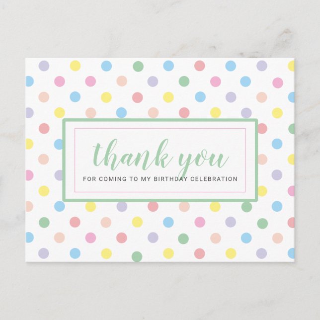 Postal Soft Pastel Polka Dots Birthday Party Gracias (Anverso)