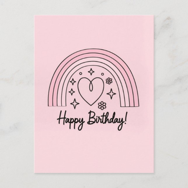 Postal Soft pink minimalist heart with rainbow birthday (Anverso)