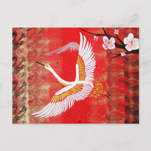 Postal Sol de grulla japonesa pintura roja sakura (Anverso)