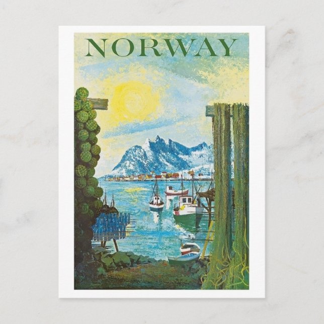 Postal Sol de Noruega, barcos en la costa, montañas, vint (Anverso)
