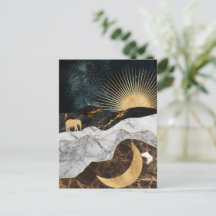 Sol dorado y luna con elefante en cósmico de mármo