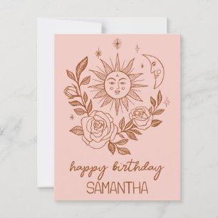 Postal Sol Luna & Rosas Boho Cumpleaños Mágico con NOMBRE