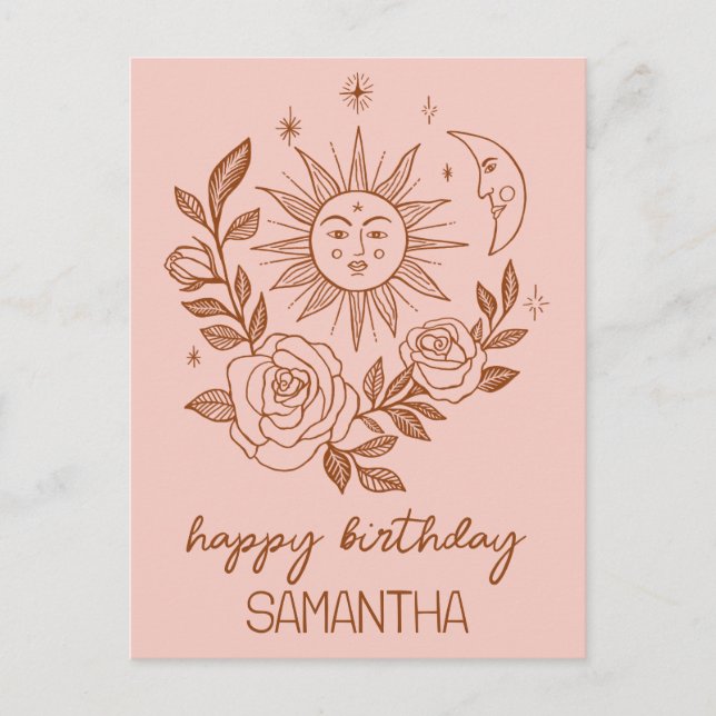 Postal Sol Luna & Rosas Boho Cumpleaños Mágico con NOMBRE (Anverso)