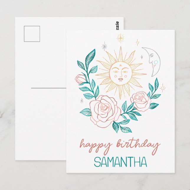 Postal Sol Luna & Rosas Boho Cumpleaños Mágico con NOMBRE (Anverso / Reverso)