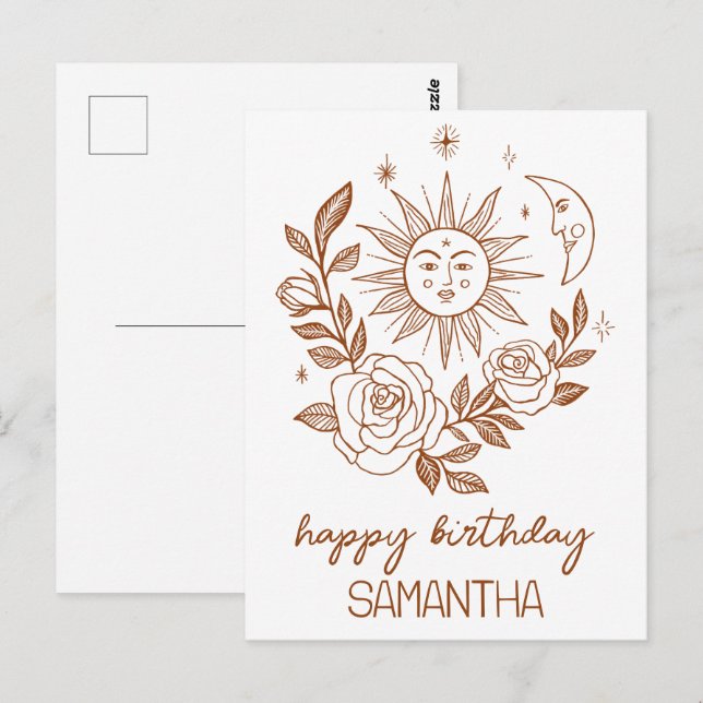 Postal Sol Luna & Rosas Boho Mágico CUMPLEAÑOS NOMBRE PER (Anverso / Reverso)