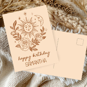 Postal Sol Luna & Rosas Boho Mágico CUMPLEAÑOS NOMBRE PER