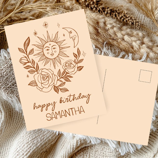 Postal Sol Luna & Rosas Boho Mágico CUMPLEAÑOS NOMBRE PER (Sun Moon & Roses Boho Magical CUSTOM NAME BIRTHDAY Postcard
)