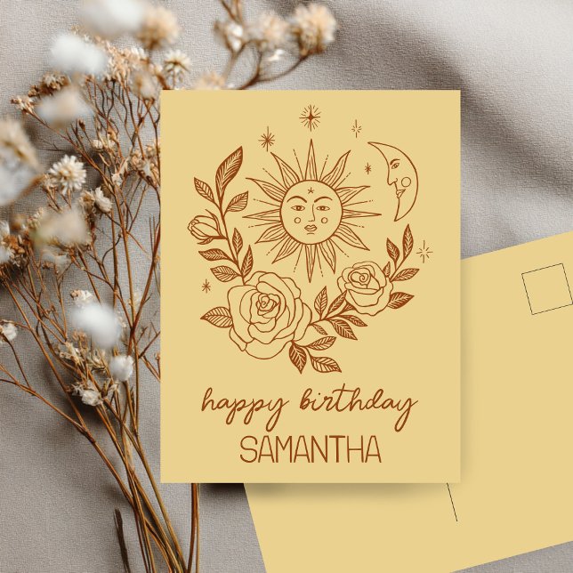 Postal Sol Luna & Rosas Boho Mágico CUMPLEAÑOS NOMBRE PER (Sun Moon & Roses Boho Magical CUSTOM NAME BIRTHDAY Postcard
)